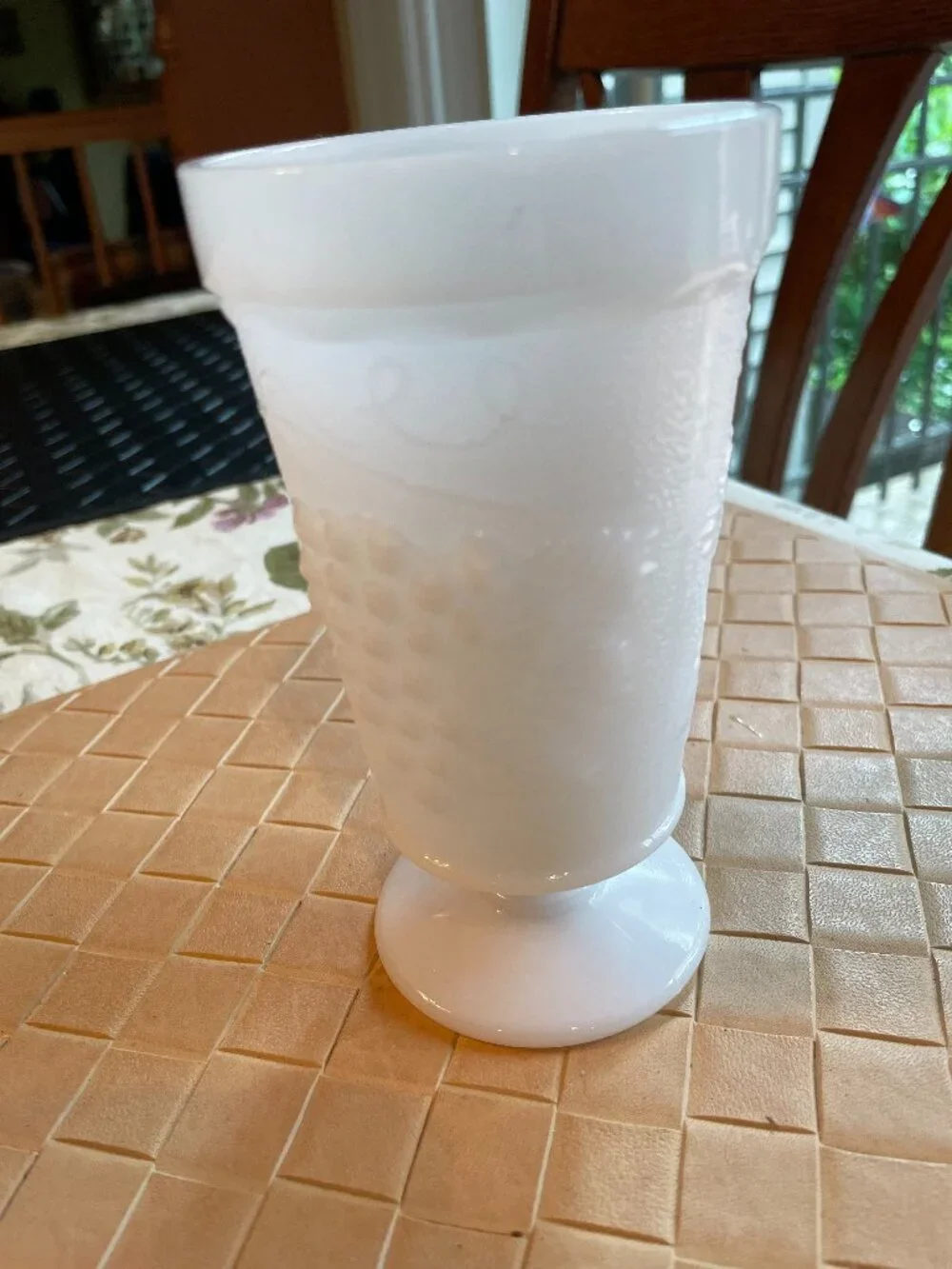 Vintage White Milk Glass Vase with Grape Design 5 3/4